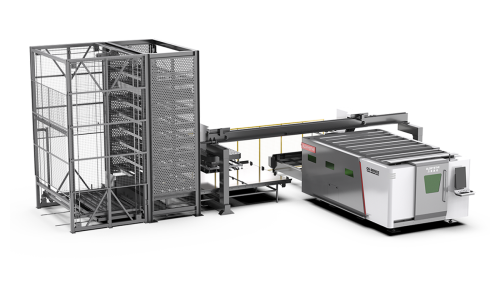 Automated material storage and retrieval system for laser cutting machine. Featured Image